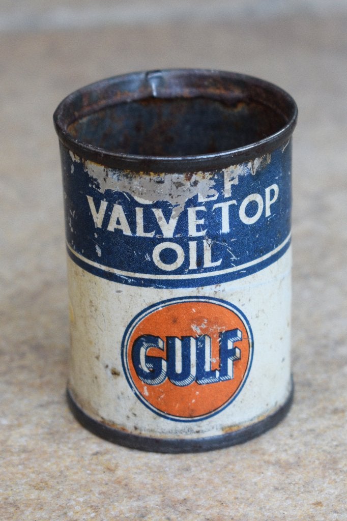 Klein Belgisch olie blik Gulf Valvetop 1930, Verzamelen, Ophalen of Verzenden, Gebruikt, Reclamebord
