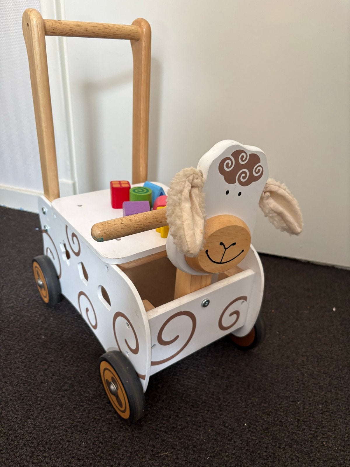 Houten loopwagen schaap met blokken, Ophalen of Verzenden, Gebruikt, Overige typen, Met wieltjes