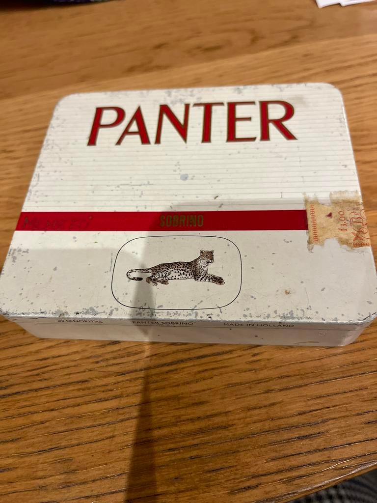 Vintage Panter sigarenblik met prijskaartje - Verzamelaar, Ophalen of Verzenden, Gebruikt, Overige, Overige merken