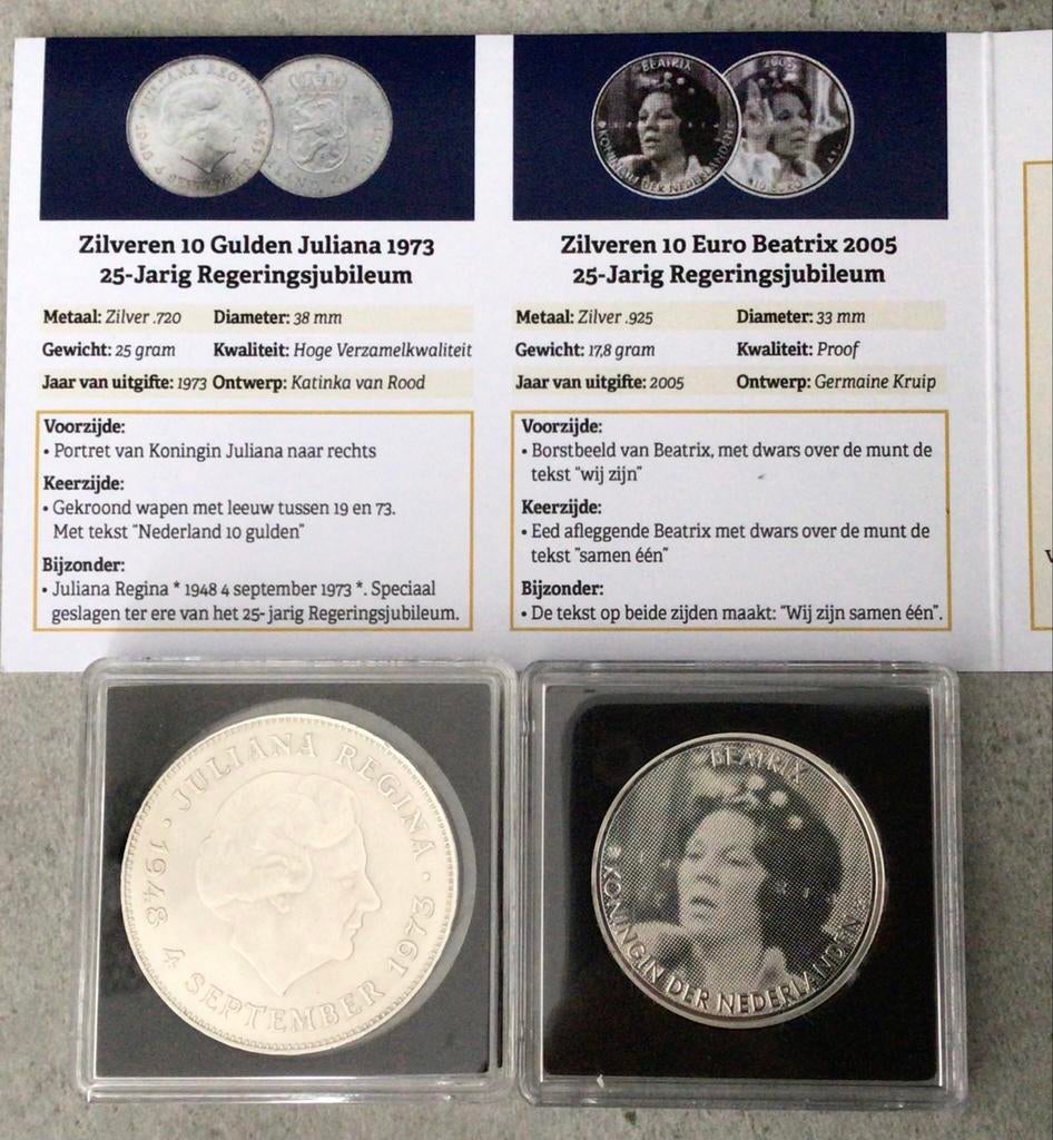 Zilveren 10 Gulden Juliana 1973 & 10 Euro Beatrix 2005, Postzegels en Munten, Munten | Nederland, Koningin Juliana, Setje, Zilver