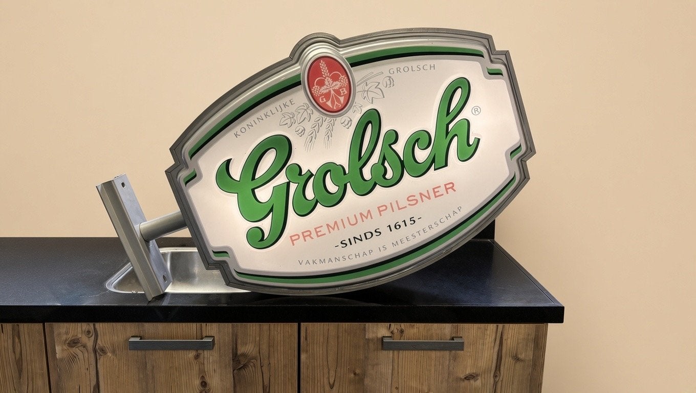 Grolsch Lichtreclame Dubbelzijdig met Muurbeugel werkend!, Ophalen, Gebruikt, Reclamebord, Plaat of Schild, Grolsch
