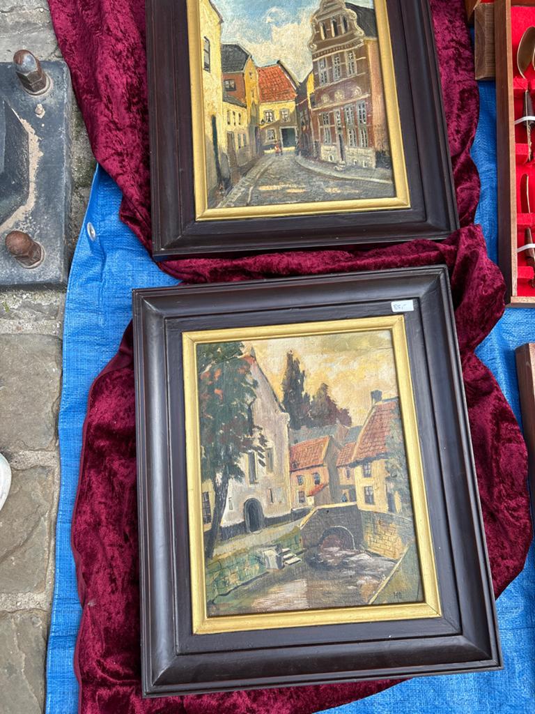 Twee Oude Schilderijen: Stadsgezichten met Grachten, Ophalen of Verzenden