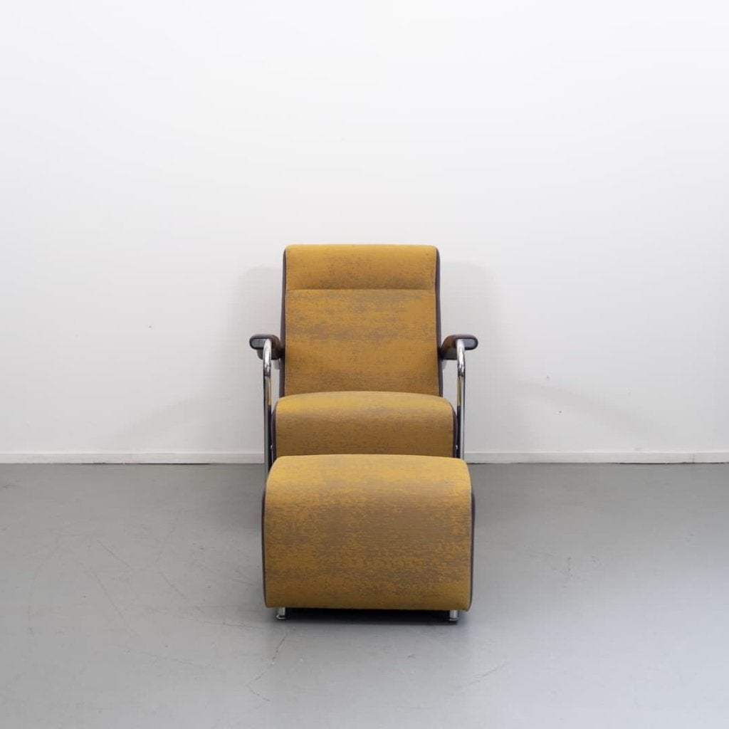 Leolux Scylla Hoog Fauteuil Geel/Paars Stof + Hocker, Niet ingevuld, Zo goed als nieuw, Niet ingevuld, Niet ingevuld