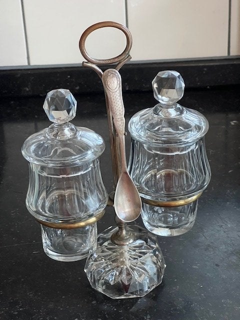 JAM/MARMELADE- OF ZUURSTEL IN HOUDER + ZILVEREN LEPEL, Ophalen of Verzenden