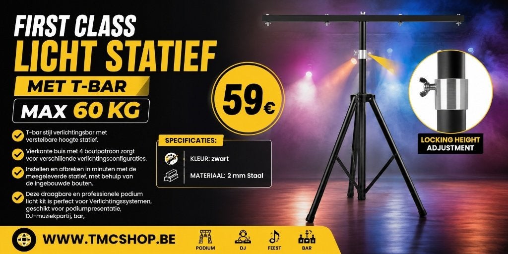Nieuwe First Class Licht Statief met T-Bar Max 60 kg, Muziek en Instrumenten, Ophalen of Verzenden, Nieuw, Licht, Geluidgestuurd