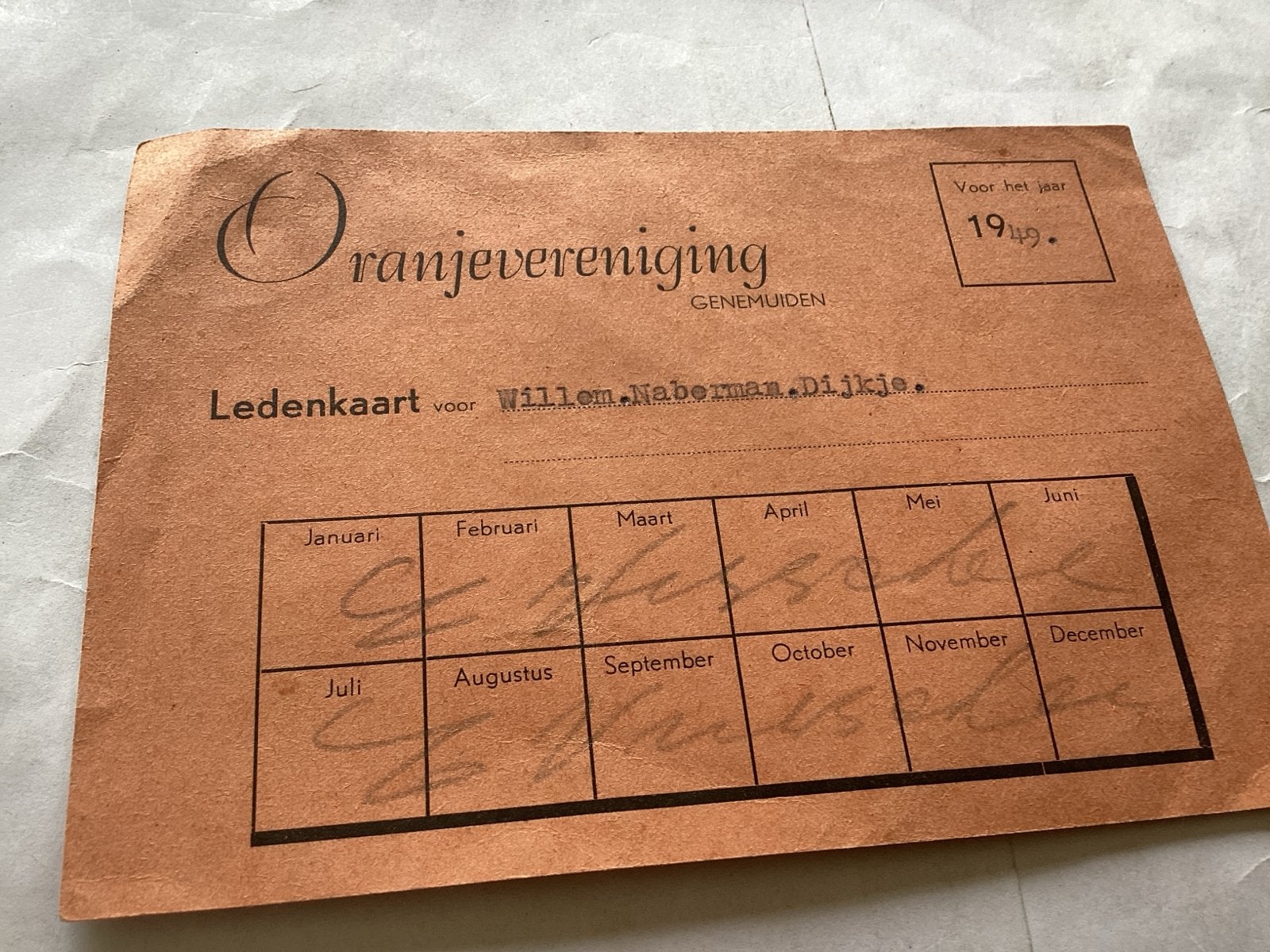 Oranjevereniging Genemuiden Ledenkaart 1949, Ophalen of Verzenden, Gebruikt