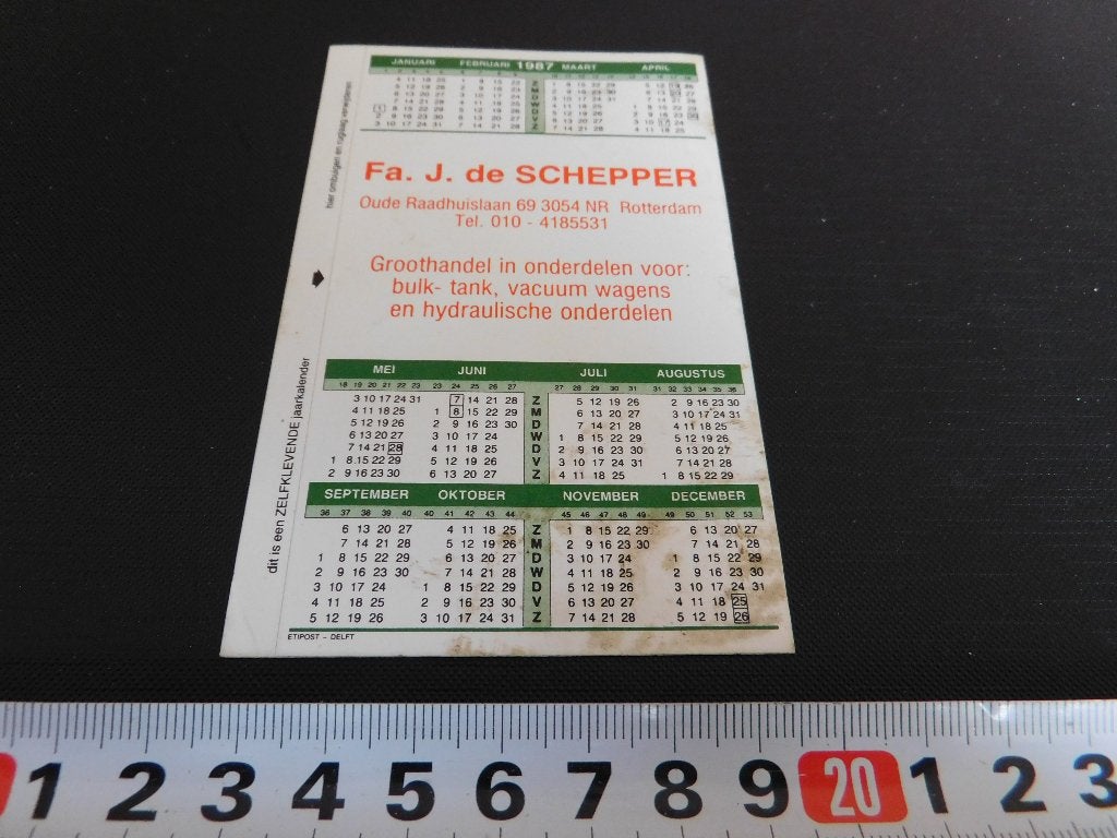 sticker kalender 1987 Fa. J. de Schepper  Rotterdam, Ophalen, Zo goed als nieuw
