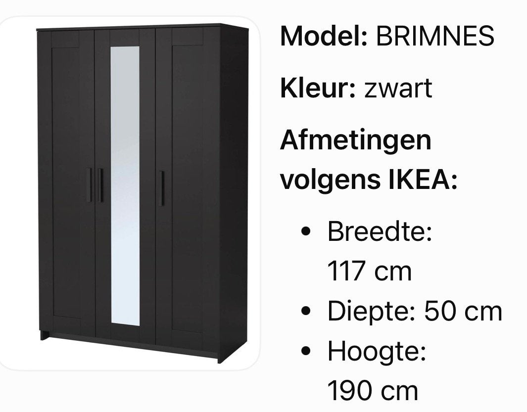 IKEA BRIMNES Kledingkast Zwart met Spiegeldeur, Ophalen, Overige materialen, 100 tot 150 cm, Zo goed als nieuw