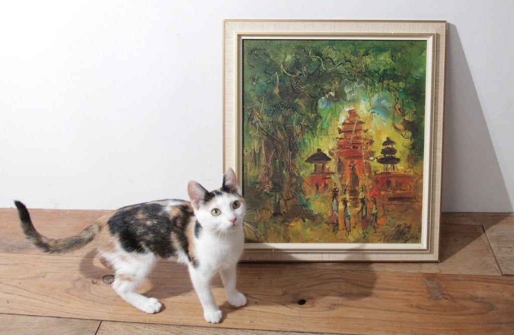 Indonesische Tempel - Maria Tjui, 1979, Gesigneerd, Olieverf, Textiel, Landschap