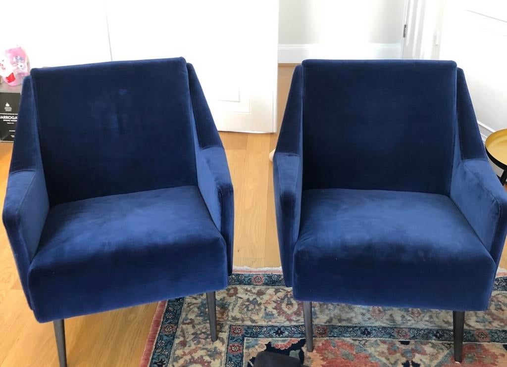 Set van 2 blauwe velvet fauteuils, €500 voor de set, Ophalen, Gebruikt, 75 tot 100 cm, Stof
