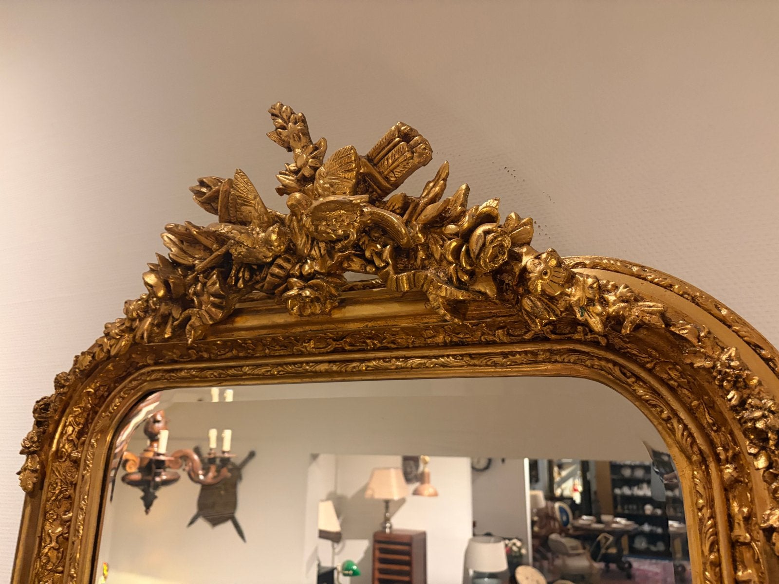 Grote halspiegel met goudkleurige lijst en geslepen glas, Ophalen, Rechthoekig, 50 tot 100 cm, 150 tot 200 cm