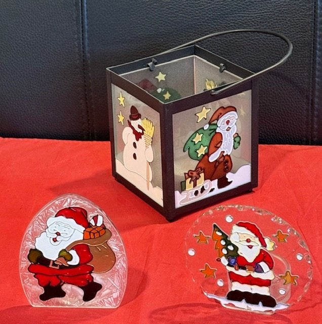 3x retro waxinelichthouder kerst glas in lood kerstman glas, Diversen, Ophalen, Gebruikt