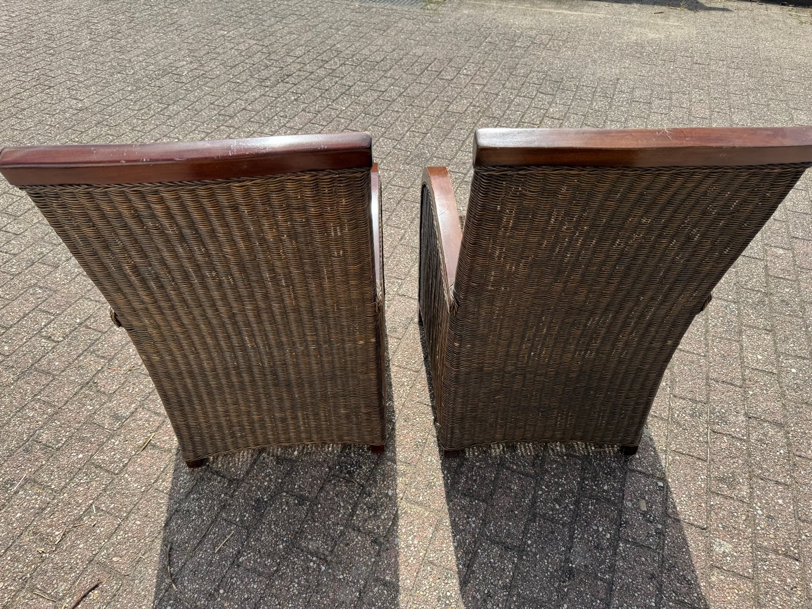 Set van 2 rotan fauteuils met houten armleuningen, Ophalen, Gebruikt, Twee, Bruin