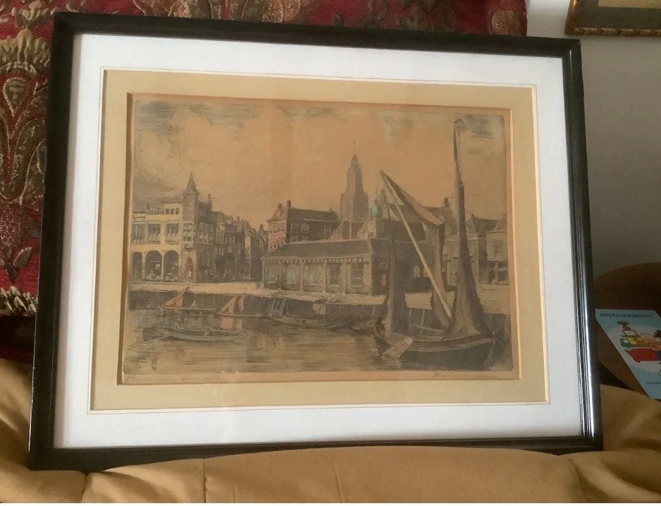Ets Vlissingen Vismarkt - Marinus Janse (1897-1980), Ets, Stadsgezicht, Ophalen of Verzenden, Gesigneerd