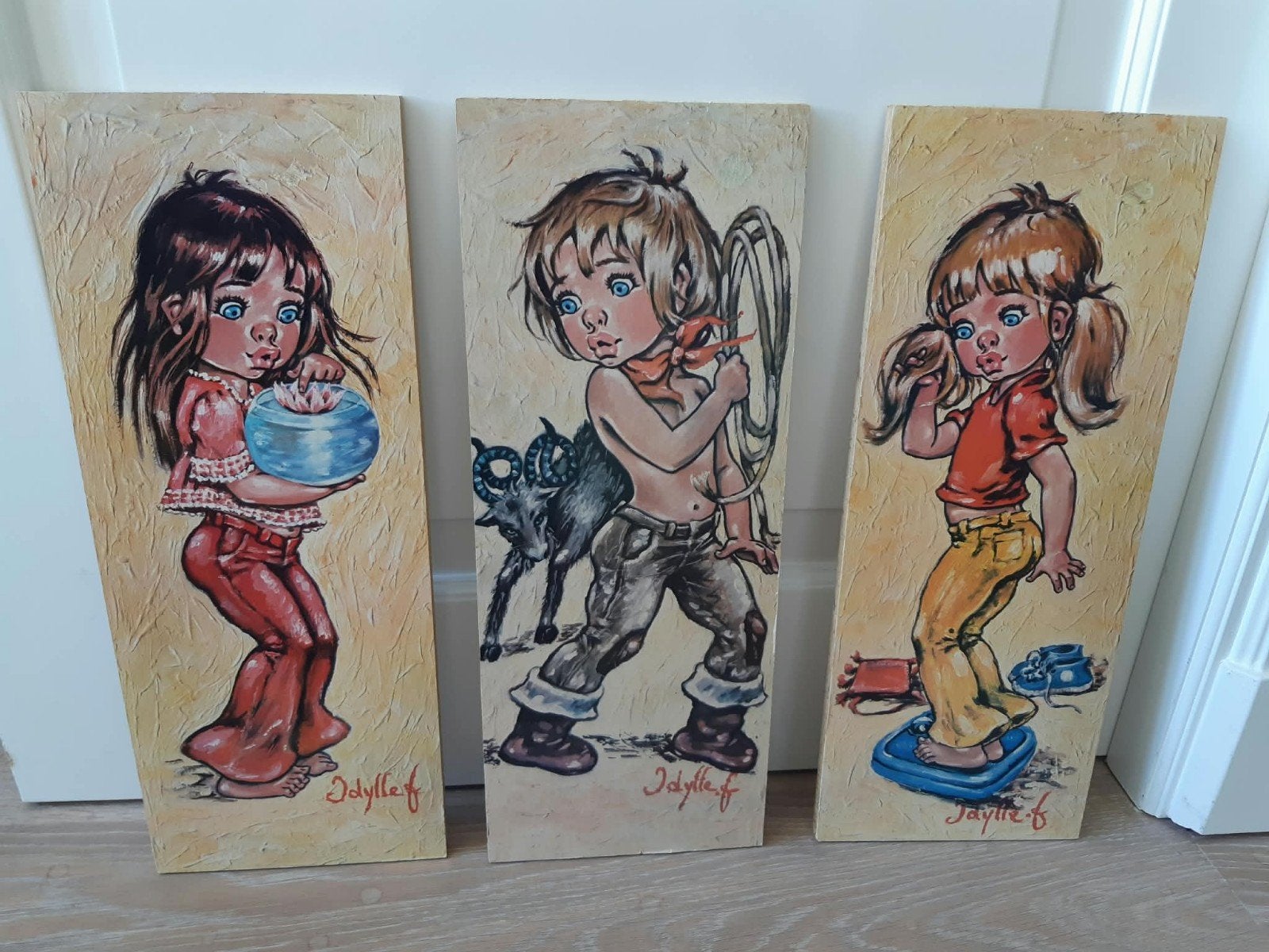 3 Vintage Schilderijen Boy & Girls Big Eyes Jolylle, Ophalen of Verzenden