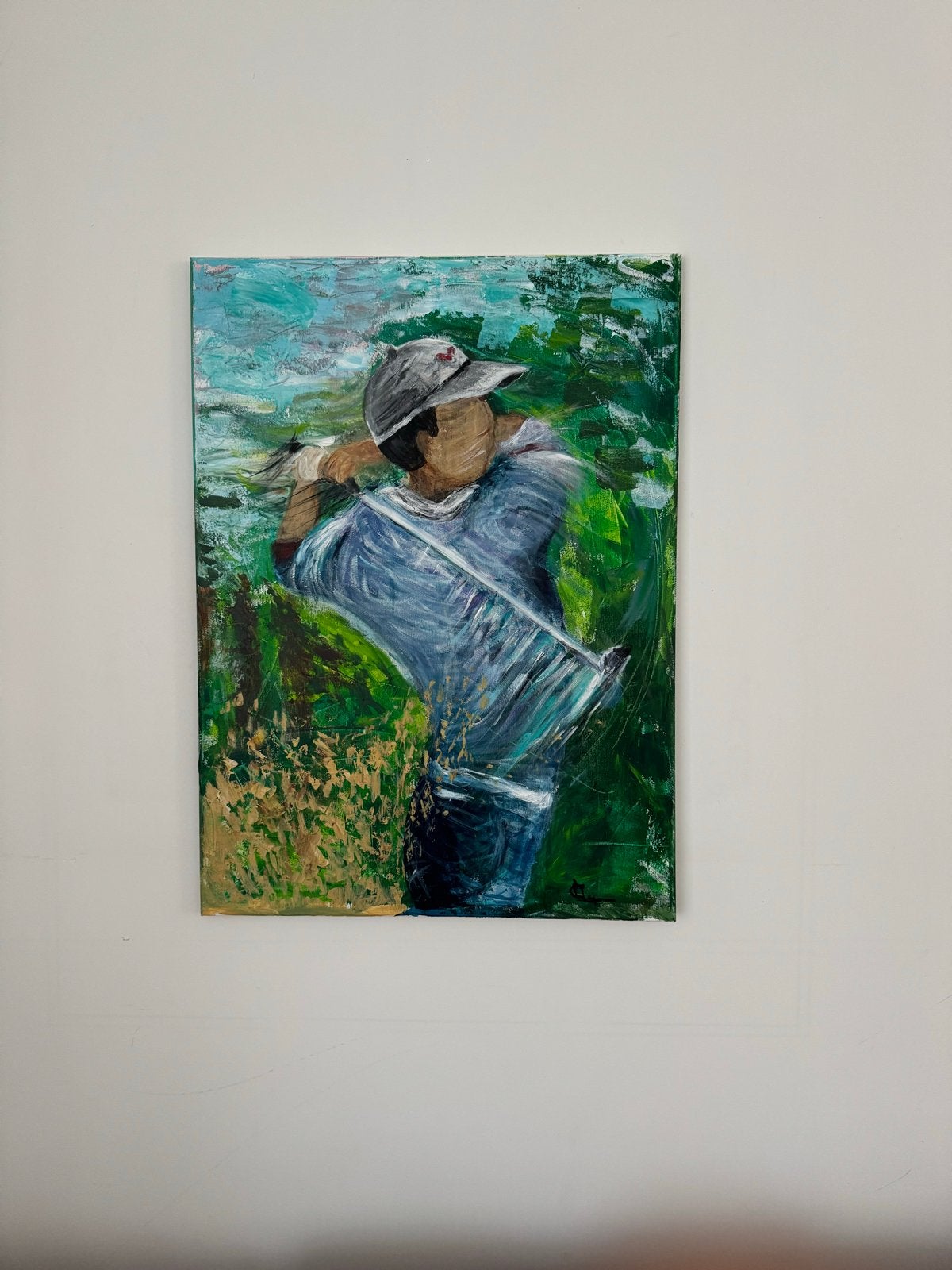 Schilderij van een golfer in actie, Antiek en Kunst, Kunst | Schilderijen | Klassiek, Portret of Personen, Expressionistisch, Acrylverf