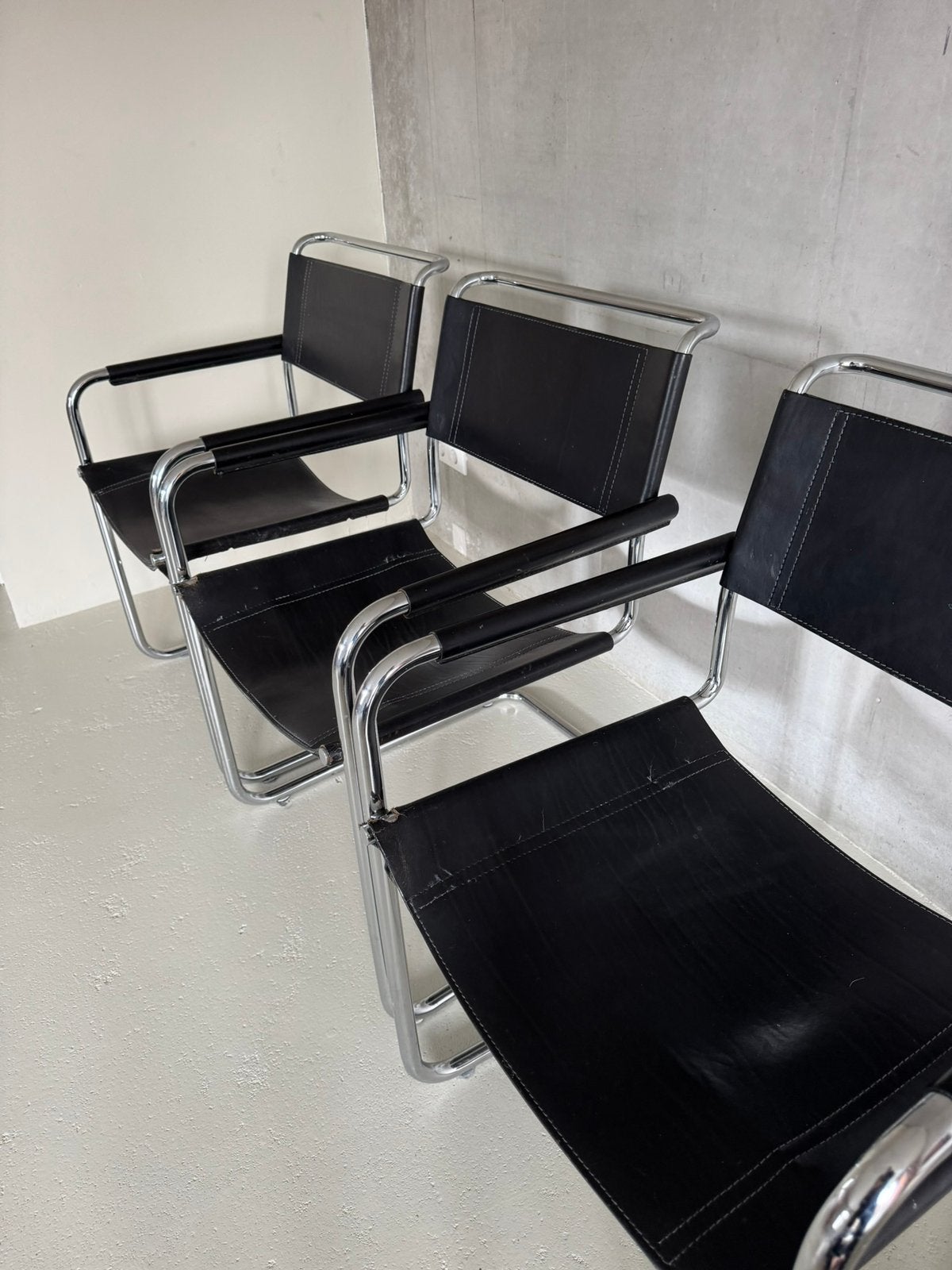 3 stuks Vintage cantileverstoelen - Mart Stam stijl, Huis en Inrichting, Stoelen, Ophalen, Gebruikt, Zwart, Leer