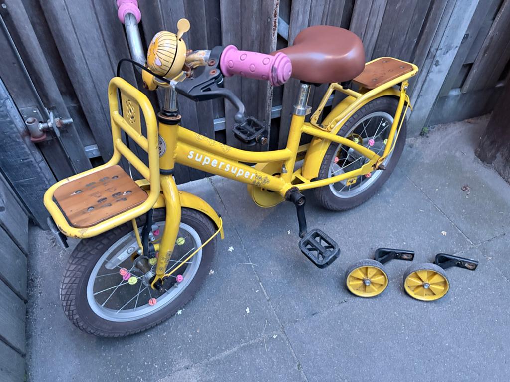 Supersuper Cooper Kinderfiets 14 inch met zijwieltjes, Ophalen, Terugtraprem, Zijwieltjes, Gebruikt