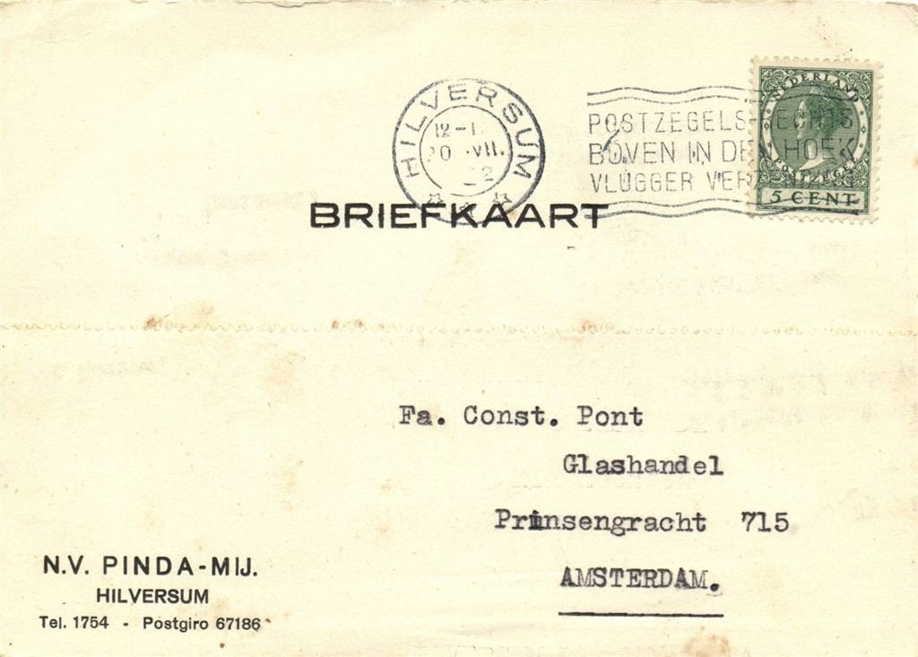 NV Pinda-Mij., Hilversum - 08.1932 - briefkaart, Ophalen of Verzenden, Briefkaart