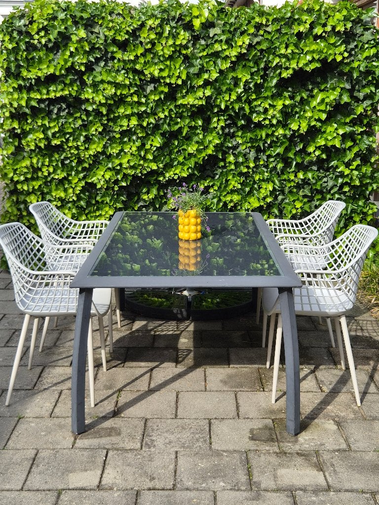 Moderne tuintafel met glazen blad, Tuin en Terras, Tuintafels, Ophalen, Gebruikt, Rechthoekig, Overige materialen