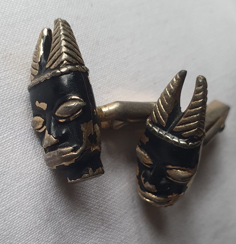 Unieke Vintage Swank Africana’ masker manchetknopen jaren 50, Ophalen of Verzenden, Gebruikt, Overige materialen