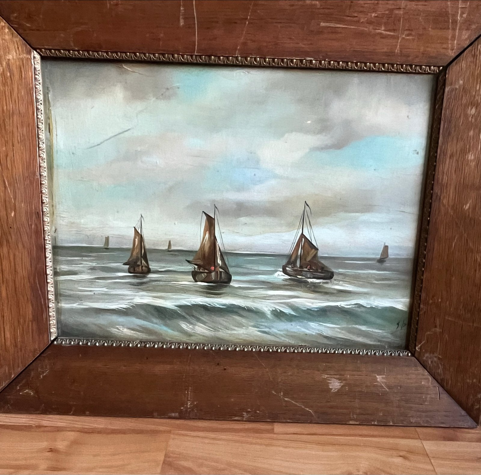 Twee Oude Schilderijen met Zeilschepen op Zee, Ophalen