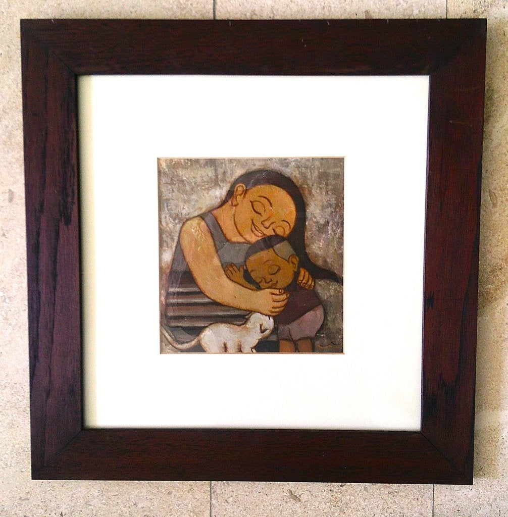 1) - Meisje met kleuter en poesje ca.1990 - Indiase School, Antiek en Kunst, Kunst | Schilderijen | Klassiek, Portret of Personen