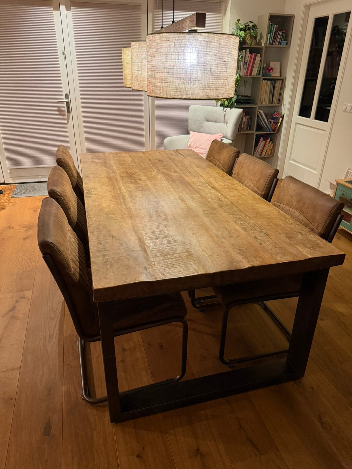 Eettafel mangohout met stalen u-poten 200x100x78 cm, Ophalen, 200 cm of meer, 50 tot 100 cm, Zo goed als nieuw