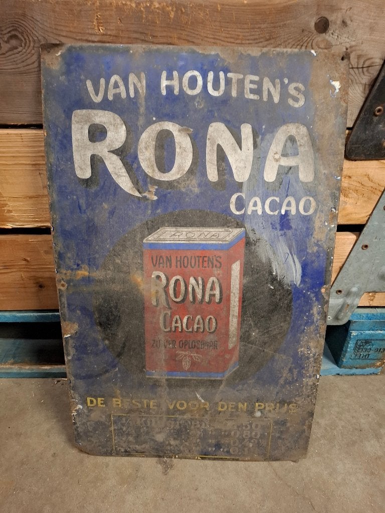 van houten"s roma cacao schuurvondst  emaile metalen reclame, Ophalen
