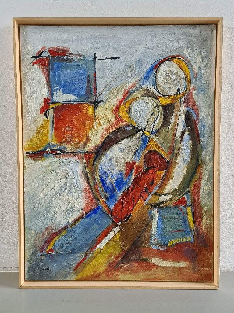 abstract figuratief schilderij op paneel in baklijst 63x83cm, Ophalen of Verzenden