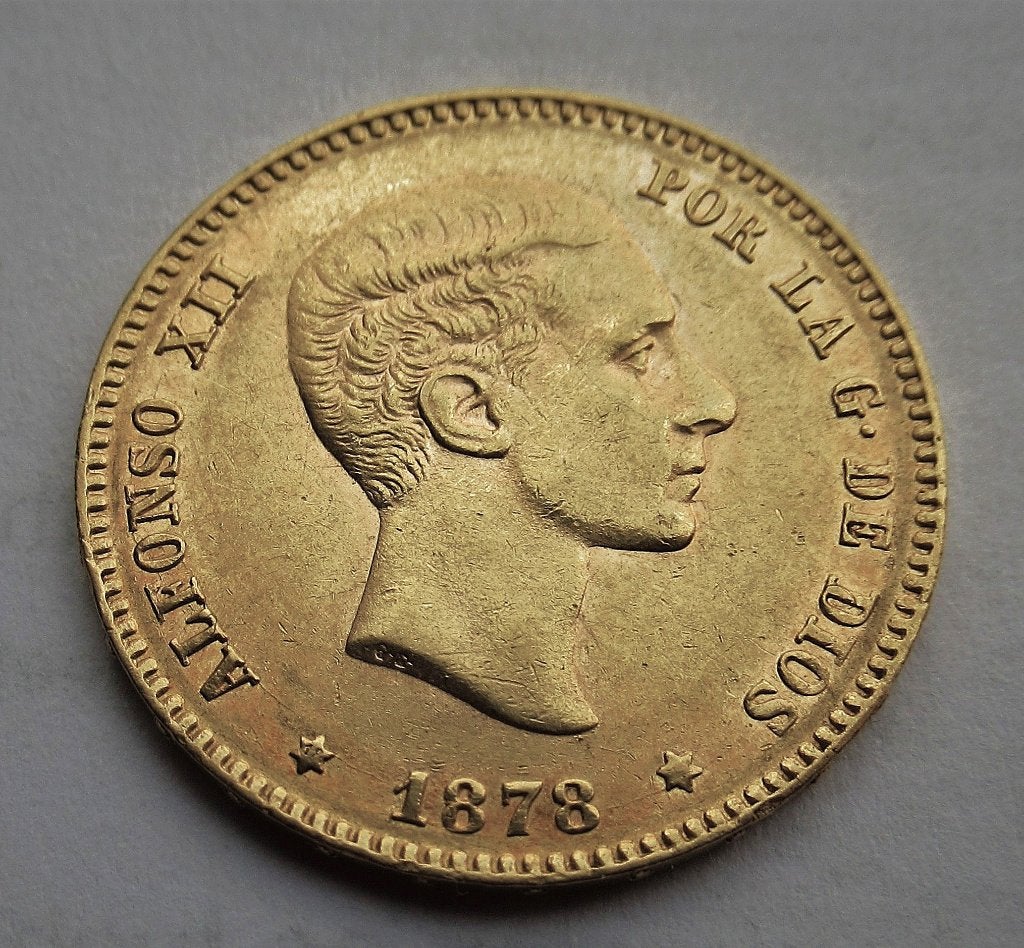 Spanje 25 pesetas 1878, Verzenden, Overige landen, Goud