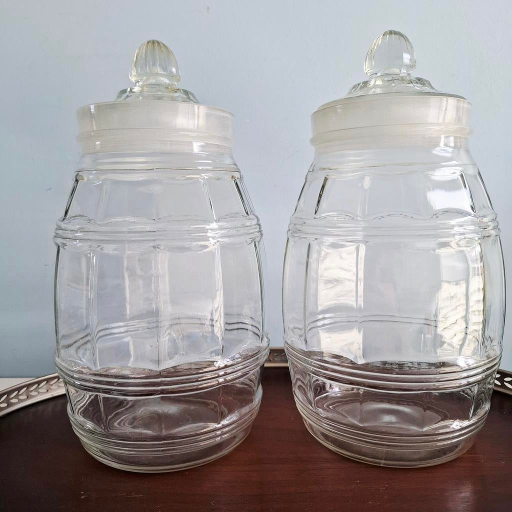 Set van 2 vintage glazen snoeppotten met deksel, Ophalen of Verzenden