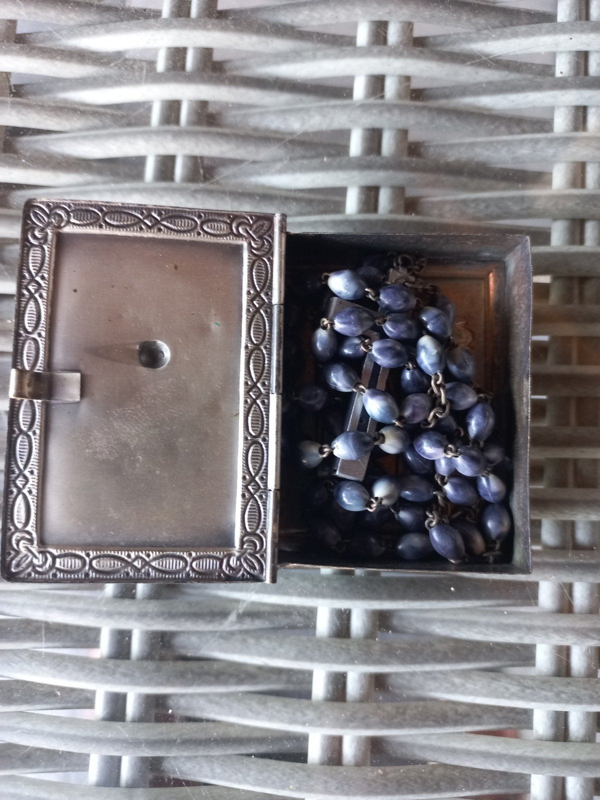 Vintage rozenkrans doosje met rozenkrans, Ophalen of Verzenden