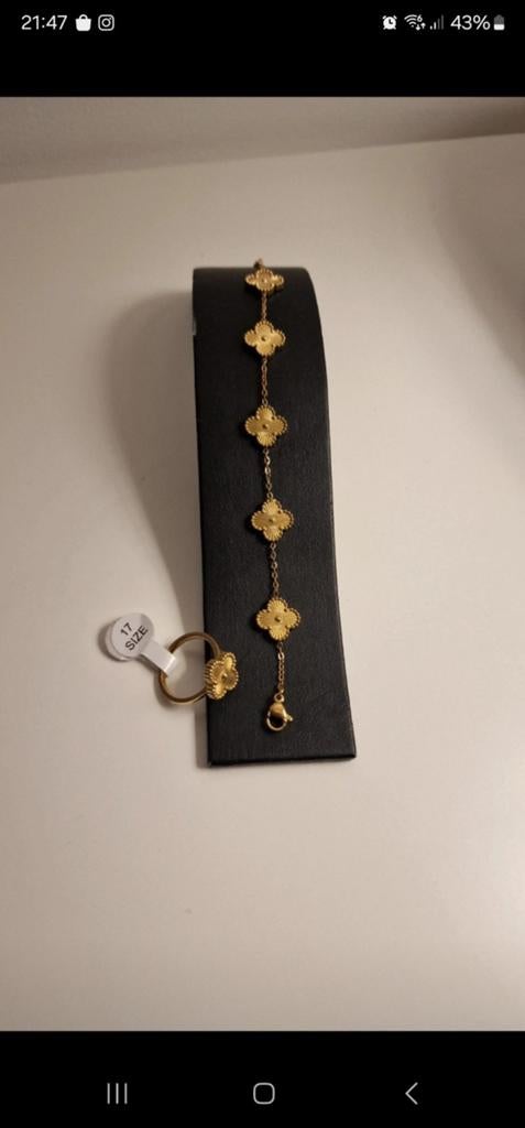 Gouden klavertje vier sieradenset: armband en ring, Ophalen of Verzenden, Zo goed als nieuw, Goud, Goud