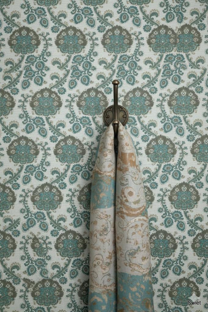 4803 Origineel vintage barok behang turquoise mosgroen swiet, Ophalen of Verzenden, 25 tot 50 m², Beige