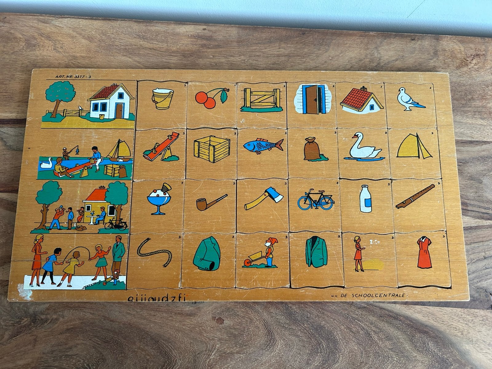 Vintage Houten Legpuzzel 'De Schoolcentrale', Antiek en Kunst, Ophalen of Verzenden