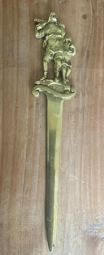 Antieke bronzen briefopener met Willem Tell en zoon, Ophalen of Verzenden