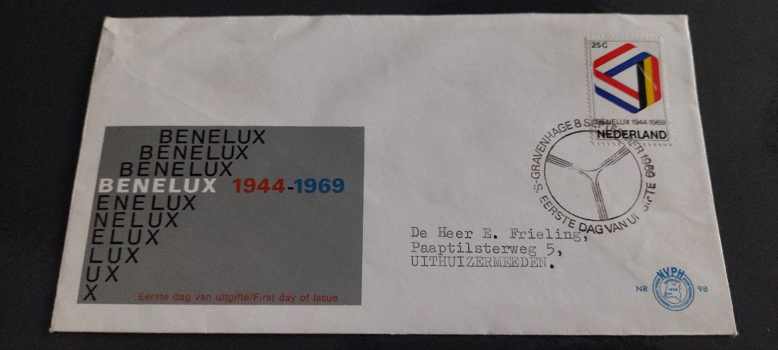 eerste dag envelop nederland e98 benelux 1969, Ophalen, Beschreven, Nederland