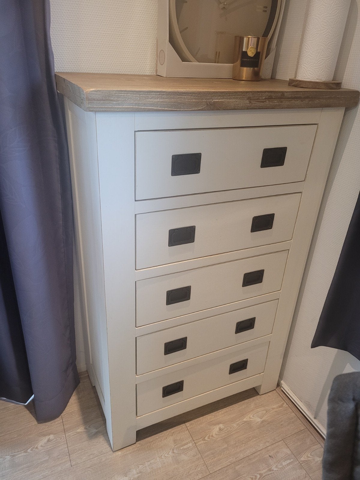 Ladekast met 5 laden - Crème met houten blad, Huis en Inrichting, Ophalen of Verzenden