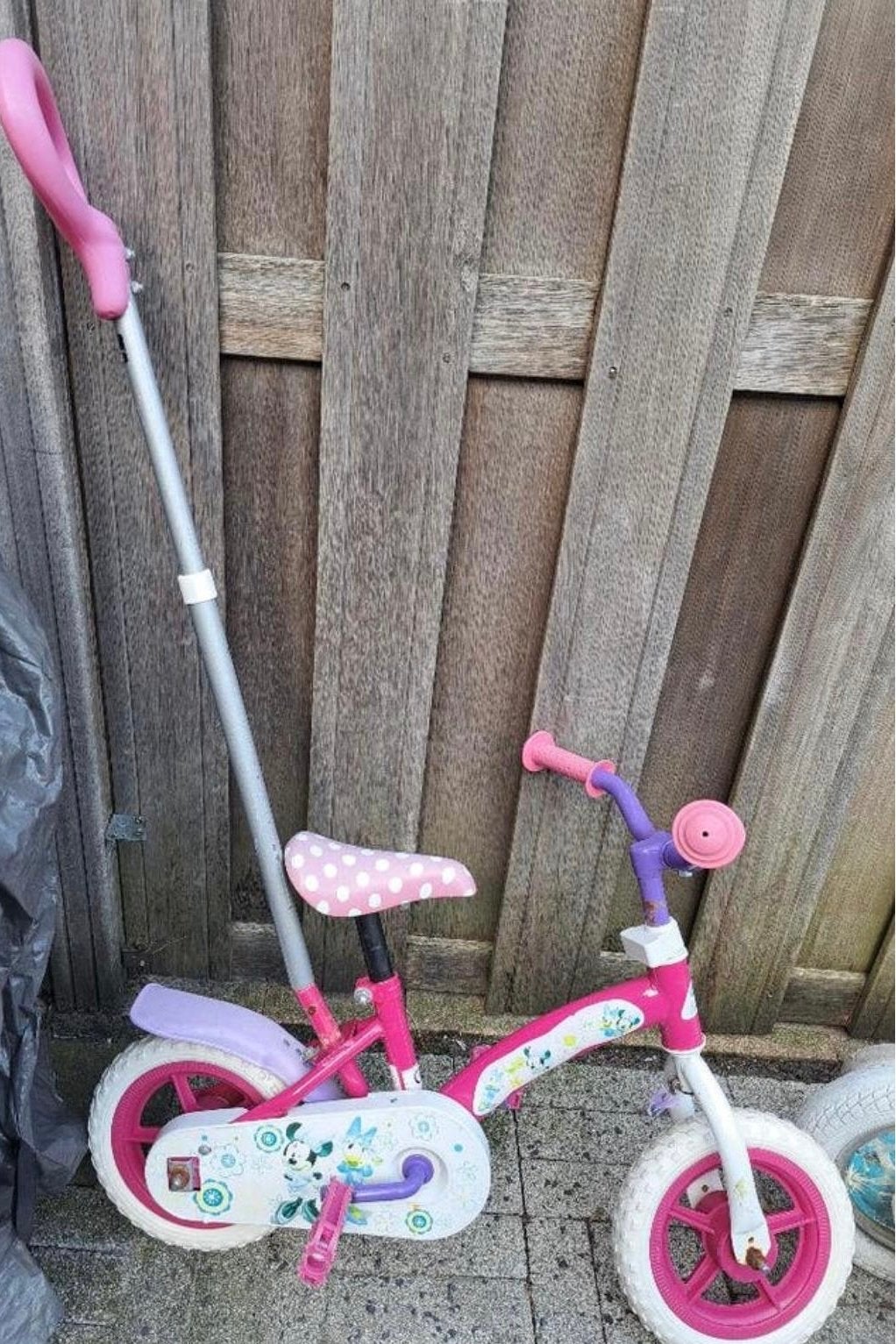 Roze kinderfiets met duwstang - Minnie Mouse, Ophalen, Gebruikt, Terugtraprem, Minder dan 16 inch
