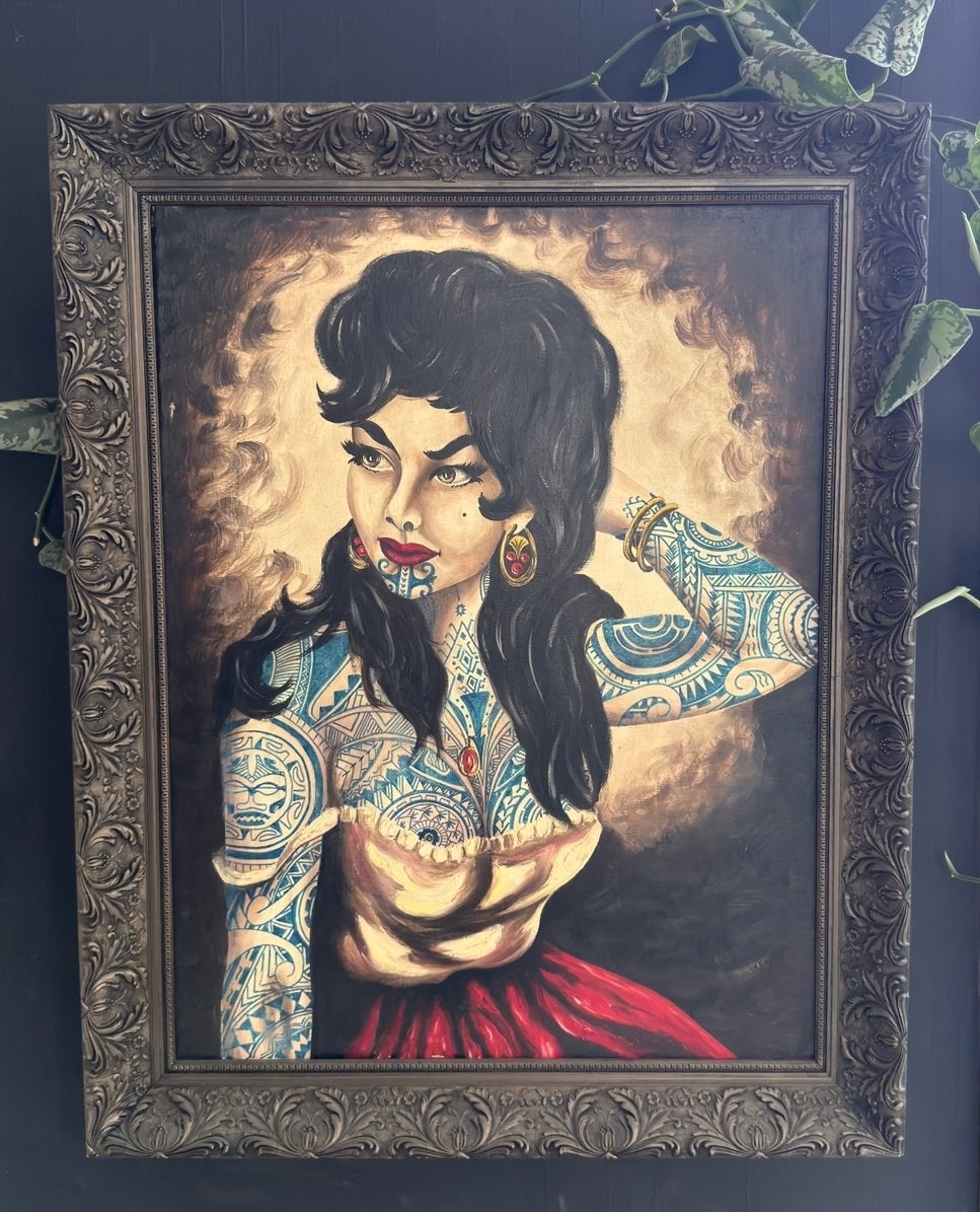 Uniek Schilderij Handgeschilderd Tattoo Stijl incl. Lijst, Antiek en Kunst, Ophalen of Verzenden, Portret