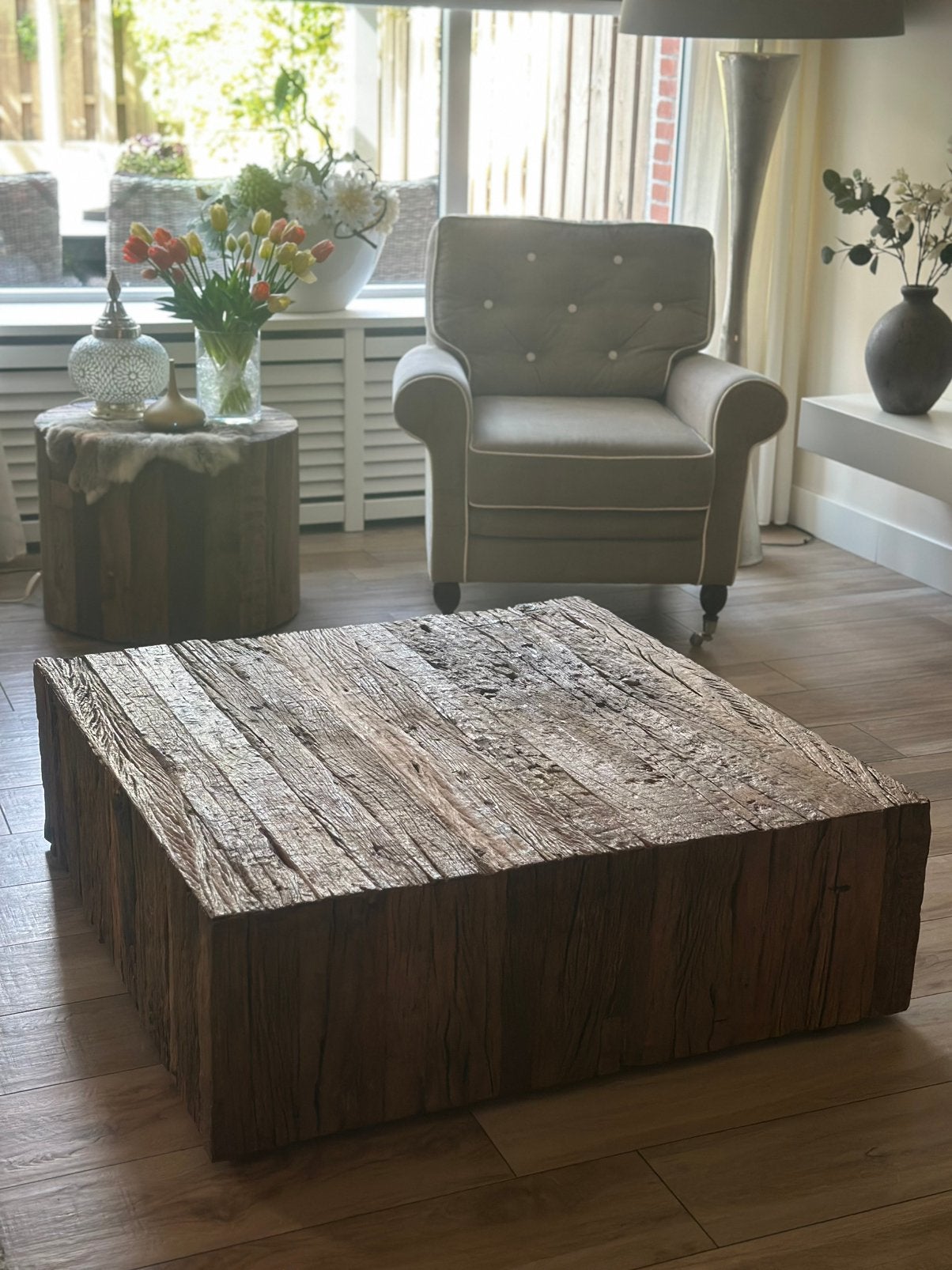 Prachtige robuust houten salontafel Maison Manon | 101 x 101, Ophalen, Zo goed als nieuw, Rechthoekig, 100 tot 150 cm