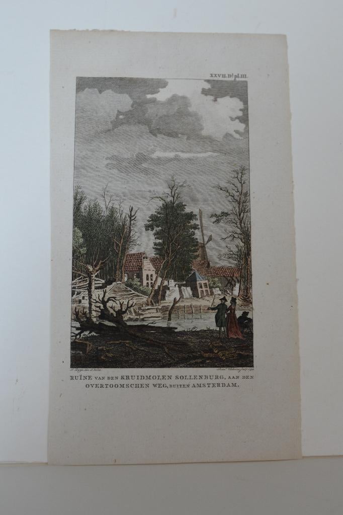 AMSTERDAM OVERTOOM KRUITMOLEN SOLLENBURG GRAVURE 1758 GF8, Verzenden, Stadsgezicht, Handgekleurd, Gravure