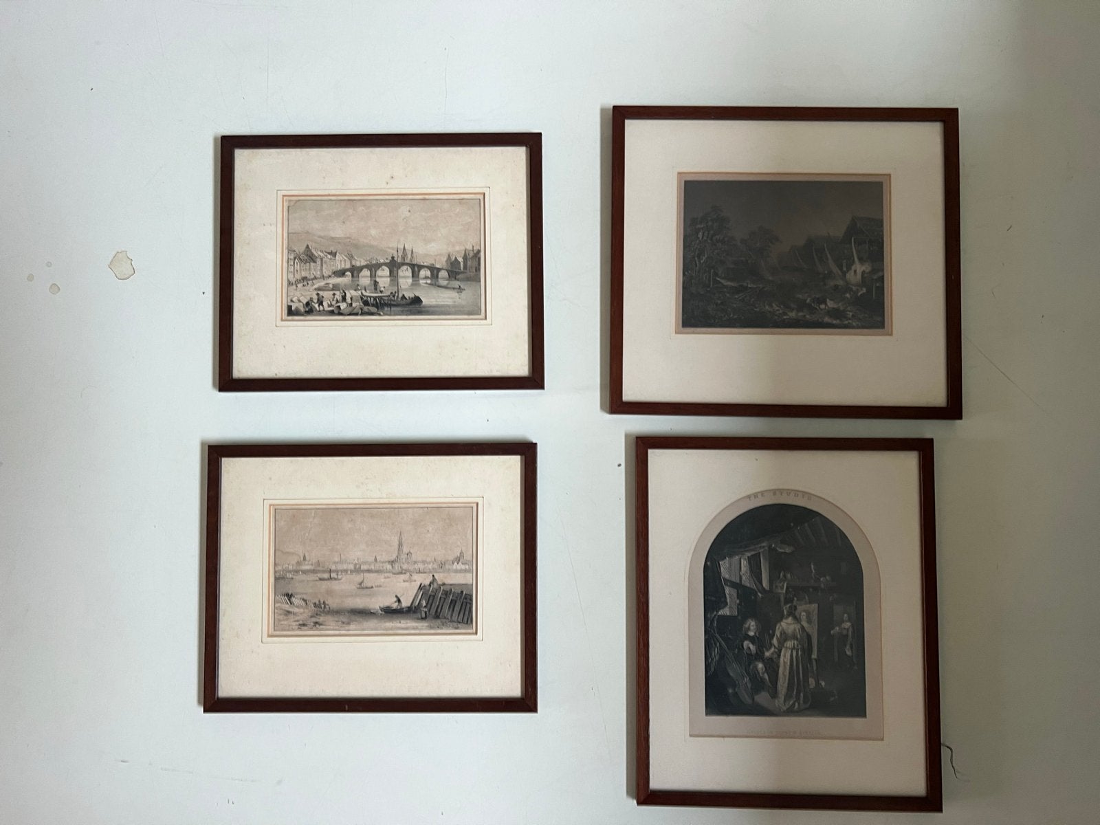 Set van 4 ingelijste prenten: landschappen en stadsgezichten, Ingelijst, 1800 - 1899, Ophalen of Verzenden, Gravure