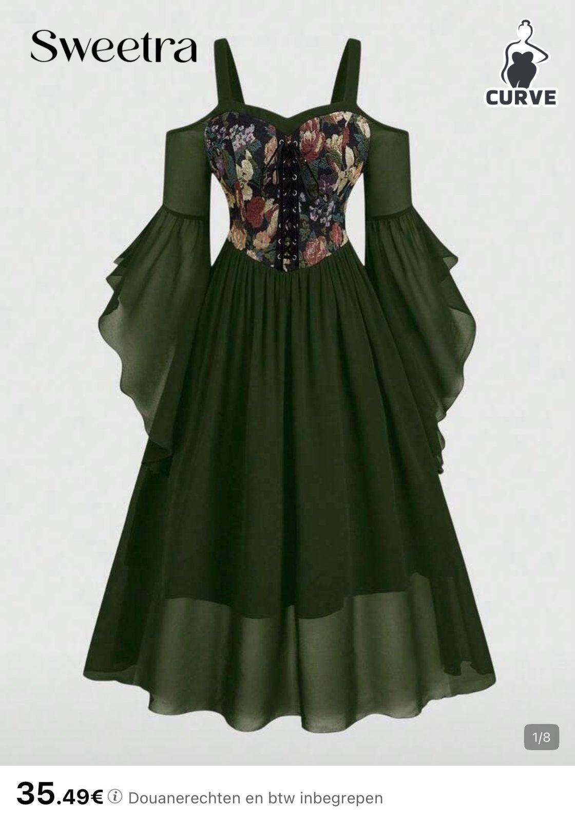 Cottagecore Elfia Fantasy korset Jurk - Groen met Bloemen, Maat 46/48 (XL) of groter, Nieuw, Ophalen of Verzenden, Onder de knie