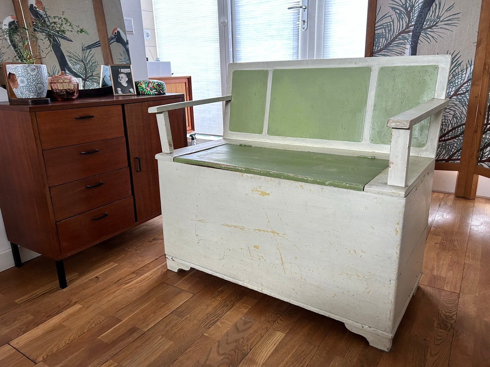 Vintage houten bankje met opbergruimte - groen/wit, Ophalen