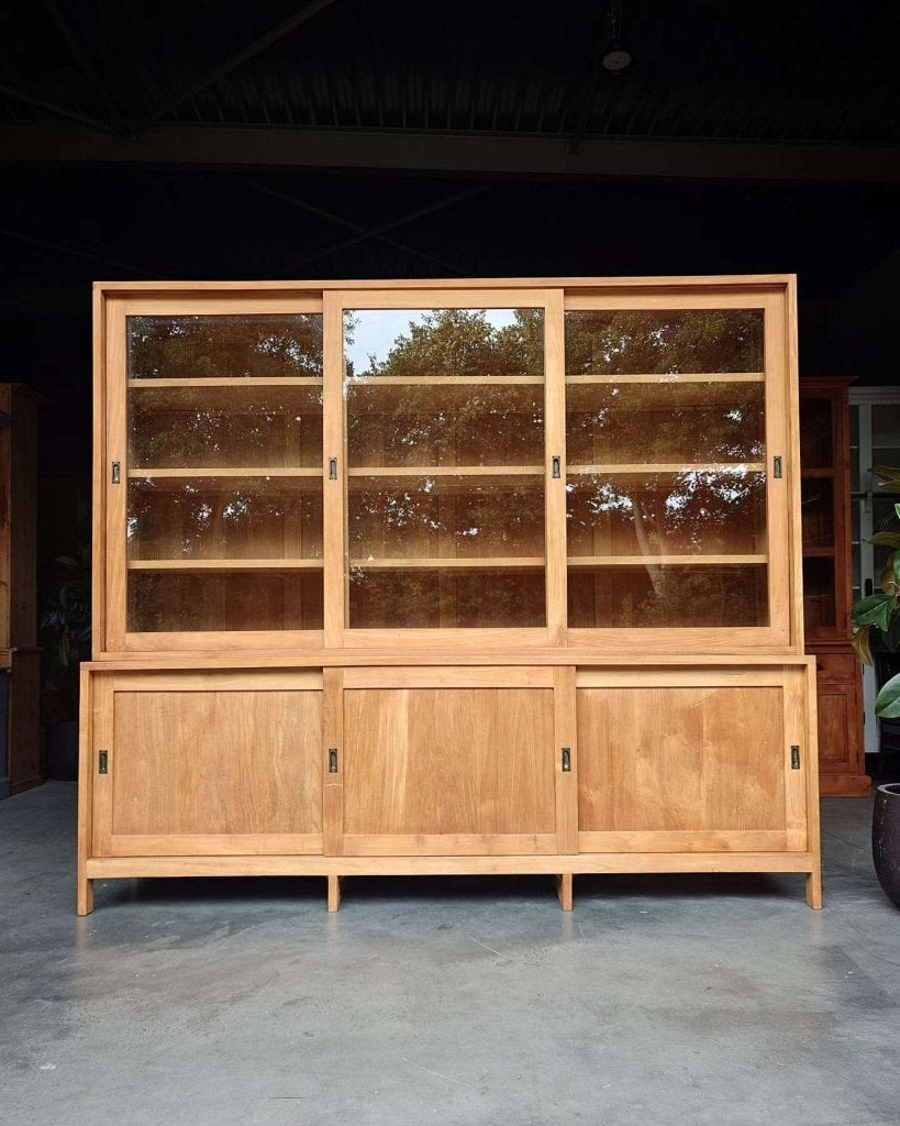 Grote/ Brede schoolkast | Strakke vitrinekast | Teak #9127, Gebruikt, -, 200 cm of meer, -