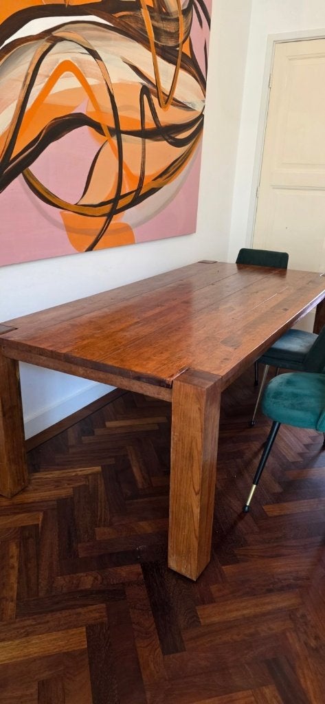 Massief teakhouten eettafel 210 x 100 cm, Ophalen, Gebruikt, 100 tot 150 cm, Teakhout