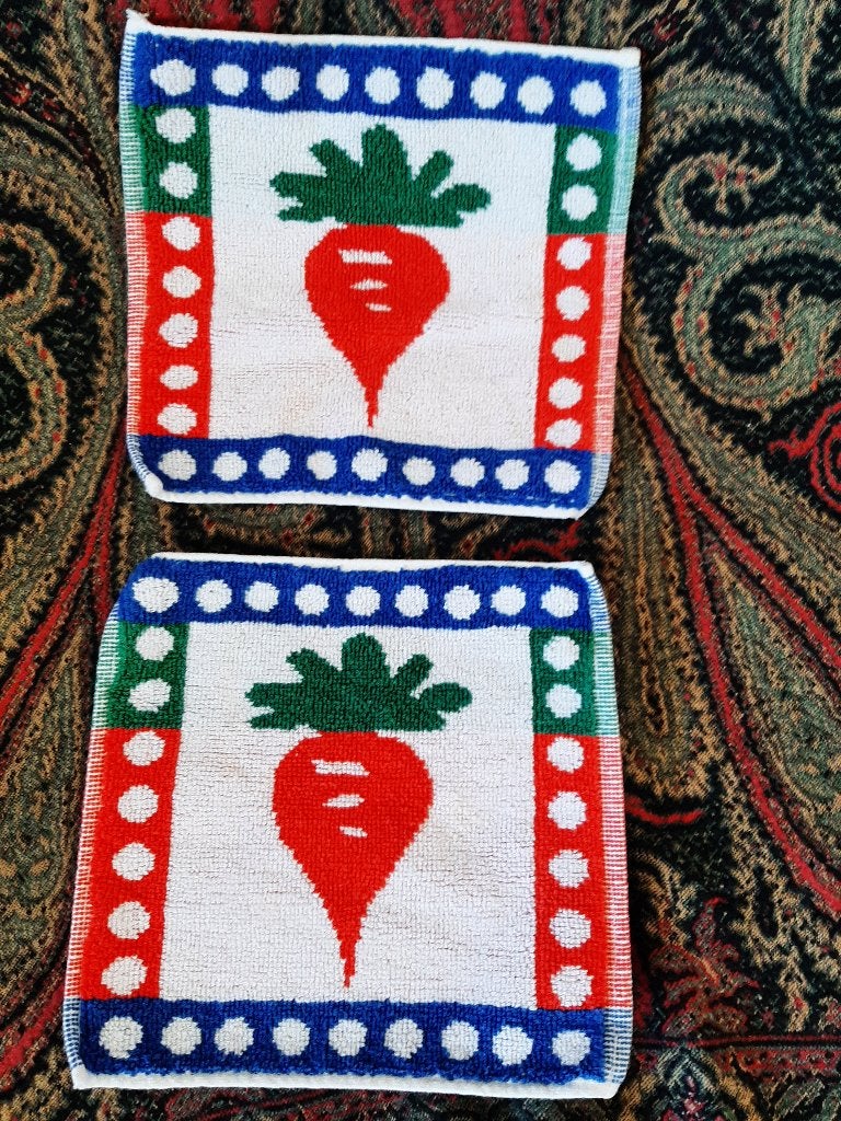 Set van 2 Vintage Pannenlappen met Groenten Wortel Design, Pannenlap of onderzetter, Gebruikt, Wasbaar, Textiel overig