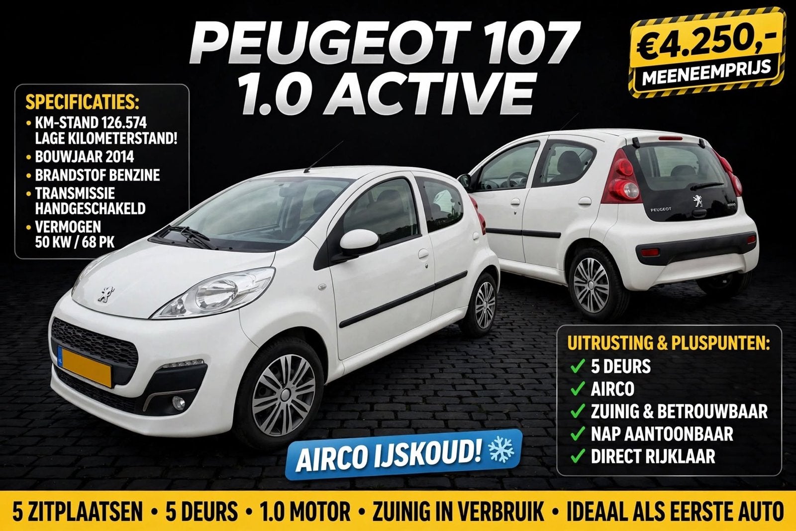 Peugeot 107 1.0 Active | 2014 | 126.574 km | 5-deurs | Airco, Auto's, Voorwielaandrijving, Euro 5, Stof, Zwart